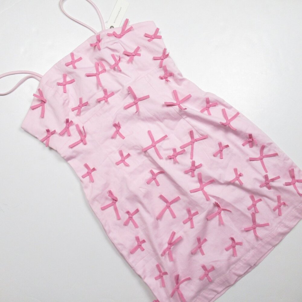 Anthropologie Maeve Brynne Clueless 3-D Pink Bow Spaghetti-Strap Mini Dress 4 - Picture 4 of 11